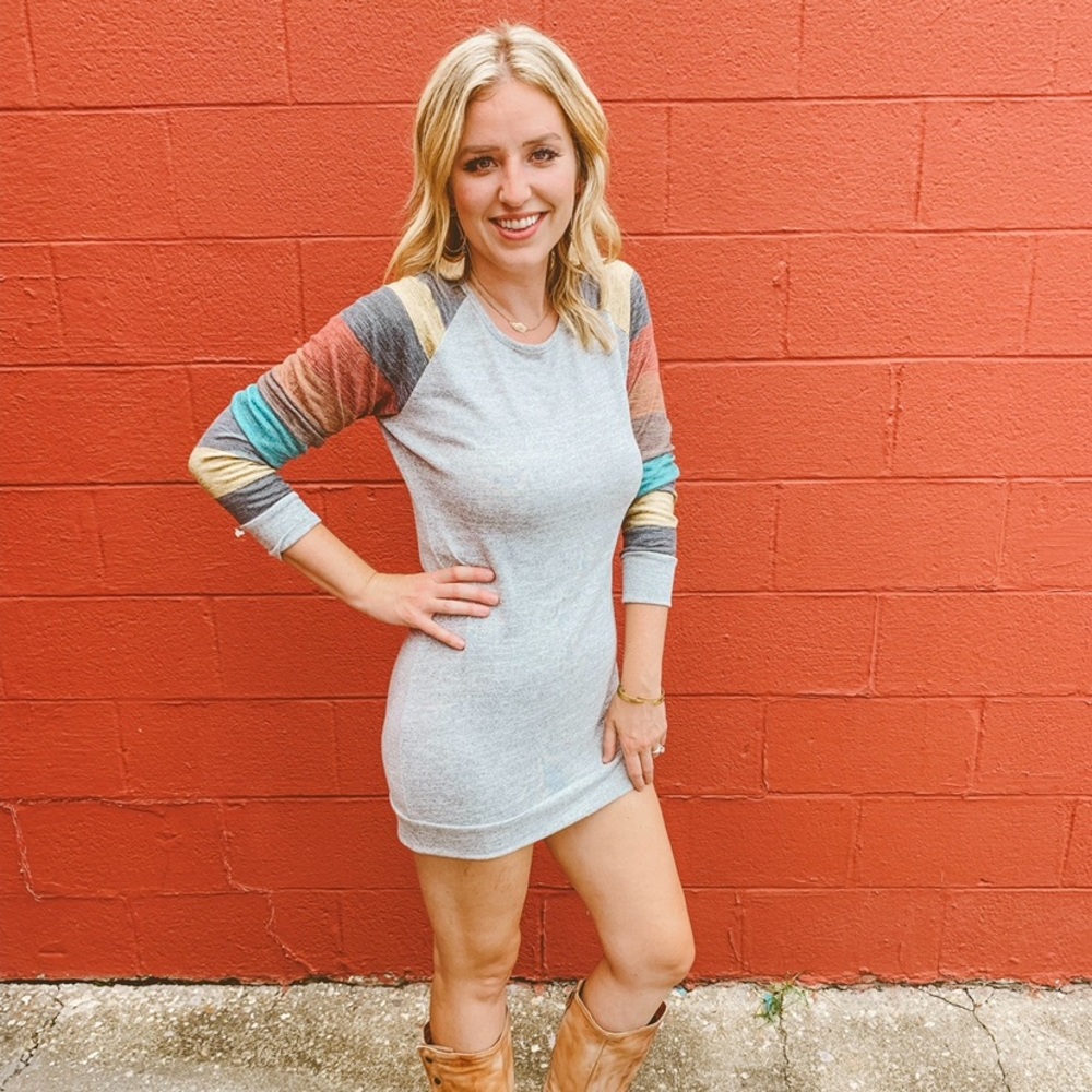 Grey Knit sweater with striped sleeves